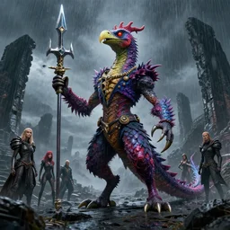 a reptile bird monster chimera hybrid with claws fangs bristles feathers tails wearing surreal clothes wielding excalibur, dark alien world with stone ruins, during a hail storm, in the style of boris vellejo, julie bell, giger, gerald brom, leng jun, fantasy, dramatic studio lighting, wide angle, science fiction, vibrant, octane render 8 k
