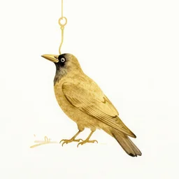 beautiful smart crow using a hook, minimalistic golden ink aribrush painting on white background