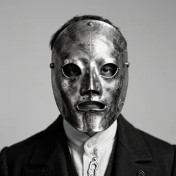 photo portrait  of 19 century male wearing brutal shiny metal face mask with fine detail engravings and runes cultist lord rich baron by Diane Arbus and Louis Daguerre