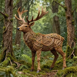 an elk made of small and dense intricate vines, moss, roots, and tree branches standing in a lush forest, wicker artwork, ultra - detailed