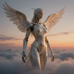 biblical female android, birdlike, glowing veins, in clouds, sunset, portrait, by peter elson, by anato finnstark, studio lighting, muted colors, by frank frazetta, extreme detail, reflections, trending on artstation, 8 k