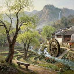 a gorgeous landscape painting by barlowe wayne maxfield parrish and marco mazzoni. early spring morning. dead trees. bench terrace. close - up shot on hyper detailed trees has just sprouted!! tyndall effec, light effect. chinese village. china waterwheel. the winding steps, waterfall from the mountain. ultra clear detailed. highly detailed, 3 d, octane render.