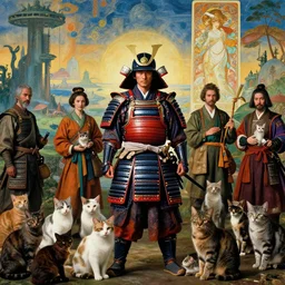 wide angle cinematic shot of a traditional samurai in full armor with lots of cats and kittens, sci fi landscape background by denis villeneuve, amano, yves tanguy, alphonse mucha, max ernst, caravaggio, roger dean, masterpiece, rich moody colours