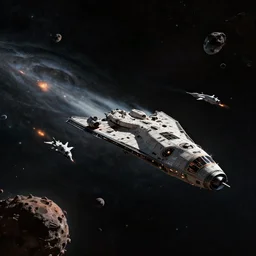 Wide shot of a spaceship traveling , fighter escort flying in formation, burning wrecks. Asteroid belt. Scenic view, in the void of space, underexposed, matte painting by Craig mullins and Emmanuel_Shiu and john berkey, cinematic, dark sci-fi, concept art trending on artstation, movie quality  , 4k, insane details, ultra realistic