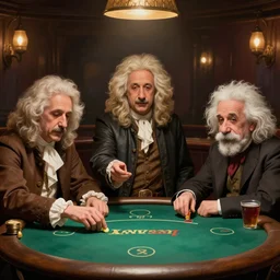 isaac newton and stephen hawkins and albert einstein playing poker in an old west saloon, intricate, highly detailed, centered, digital painting, artstation, concept art, smooth, sharp focus, illustration, art by james gurney and norman rockwell and greg rutkowski