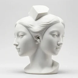 full head and shoulders, beautiful female porcelain sculpture by daniel arsham and raoul marks, smooth, all white features on a white background, delicate facial features, white eyes, white lashes, the heads are twisted around geometrically
