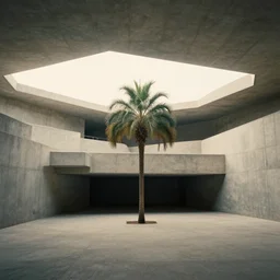 noisy color photograph of a concrete underground retrofuturist liminal space, sky made of ceiling panels, staggered terraces, centered palm tree growing out of concrete, hidden area, unknown space, minimalist,  cinematic, soft vintage glow