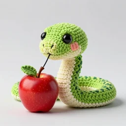 Product image of a crochet snake eating an apple. High resolution