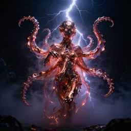 An amorphic being with tentacles of liquid reflective copper and neon emerges from the dark surreal ether, mist amidst lightning, high contrast lighting, backlit, blacklight by Michael Whelan and Ed Binkley