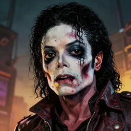 borderlands 3!!! very low angle head shot of michael jackson! cell shaded! scary head portrait of half zombie michael jackson! with dark eye sockets crow movie make up, zombie in horror concept art, llustration, postapocalyptic grunge, shocking, award winning futuristic concept art by laurie greasley, highly detailed, zombie, sharp focus, hq, 4 k