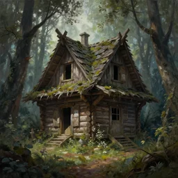 a beautiful painting of of an old abandoned witches log cabin in a fantasy forest from the witcher by greg rutkowski and kalin popov, trending on artstation, masterpiece,