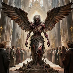 a rotting zombie angel in front of a nation of worshippers, exterior cathedral, ultrafine colored illustration, hyperrealistic, cinematic atmosphere, intricate linework, sharp focus, octopath traveler, final fantasy, unreal engine highly rendered, global illumination, radiant light, intricate environment