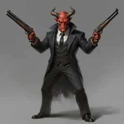 a triple a game concept art of a demonic creature in a suit holding shotguns in both hands, art by cushart krentz and greg rutkowski, elegant, front view, sharp focus, morandi color scheme, fantasy style, illustration, high quality, digital art, hyperrealism, octane render, commission art