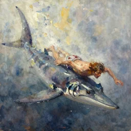 abstract watercolor painting of prehistoric caveman, swimming to escape plesiosaurus, paint brush strokes, art by hans dahl, wonderful masterpiece, cinematic light, american romanticism