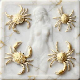 white calacatta gold marble, white and gold kintsugi, bas relief carving, feminine shapes, crab shapes, spider shapes, scorpion shapes, tarantula shapes, stunning, highly detailed, intricately detailed, octane, 8 k, trending on artstation