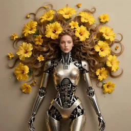 a beautiful intricate fine art portrait photo of a cyborg with cybernetic implants, epic hair spread out around her lined with yellow hibiscus, by anna dittman and ed binkley, masterpiece!, mechanical industrial robot body, top view, studio lighting, golden ratio composition, 3 5 mm lens, deep depth of field, artstation, 8 k