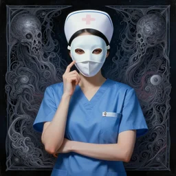 overworked psychotic nurse in mask and blue scrubs, cosmic horror painting, elegant intricate, by mark brooks and brad kunkle detailed