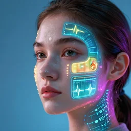 face with light-emitting OLED tatoos showing health information and vital sign visualizations, heart rate, ultra HD realistic wide focus 8k ultra soft light RTX on VFX octane render pixiv pinterest colorful more reflection