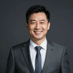 portrait of a happy plastic businessman, dark background