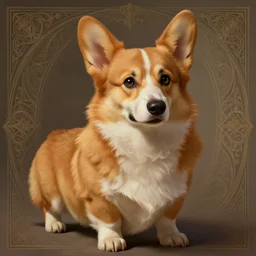 portrait of a young, ruggedly handsome corgi, soft hair, muscular, half body, cloth, hairy, d & d, fantasy, intricate, elegant, highly detailed, digital painting, artstation, concept art, smooth, sharp focus, illustration, art by artgerm and greg rutkowski and alphonse mucha