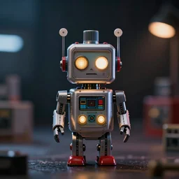 high quality presentation night photo of an illuminated cute retro robot girl, photography 4k, f1.8 anamorphic, bokeh, 4k, Canon, Nikon