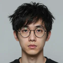 portrait of a young man, detailed, realistic, black hair, chaotic hair, rounded glasses, symmetrical, by wlop, by alena aenami, by anato finnstark, by artgerm, by ross tran, by john harris, by andreas rocha