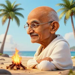 gandhi at the beach sitting on the sand next to a campfire with palm trees in the back, big head art, 3 d close up profile portrait, concept artwork, 3 d render, official art, promotional art beautiful intricately detailed, 8 k,