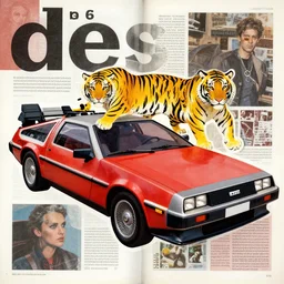 a red delorean with a yellow tiger, art by hsiao - ron cheng in a magazine collage style, # de 9 5 f 0