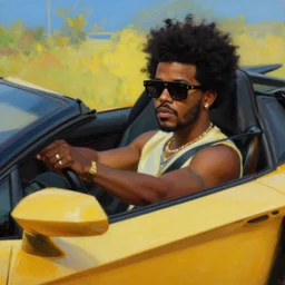 the weeknd wearing sunglasses driving a lamborghini by giuseppe arcimboldo, brown skin, classical painting, digital painting, romantic, vivid color, oil painting