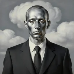 portrait of a chrome - faced man in a suit, clouds in the background, by rene magritte, detailed painting, distance, centered, hd, hq, high resolution, high detail, 4 k, 8 k