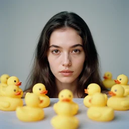head and shoulder 8 5 mm portrait analog photography of a woman surrounded by rubber ducks by mark owen. long hair. vogue. kodak portra. depth of field. detailed. hq. realistic. muted colors. mamiya 7 ii, f / 1. 2, symmetrical balance, in - frame