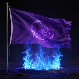 a flag that open a portal to other dimension with purple energy and blue fire coming from the portal, dark, cinematography , 4k