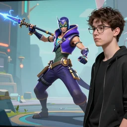 viper from valorant next to a male teen with brown hair and glasses