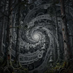 cinematic view of a spriraling dark dmt boreal forest filled with intricate and perfect patterns, trees, desaturated, psychedelic, dmt art, tim hildebrandt, alex grey, android jones, oil on canvas, masterpiece, trending on artstation, featured on pixiv, cinematic composition, sharp, details, hyper - detailed, hd, hdr, 4 k, 8 k