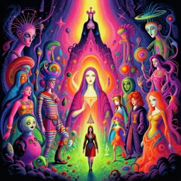 mystical realm of bizarre ideas, highly detailed, bright neon colors, rene laloux, luigi serafini, paul lafolley, da vinci, gerald scarfe, kubrick, roger dean, bob eggleton, lisa frank, boris vallejo