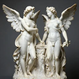 sculpture of the angels venus and aphrodite looking at each other, full body, hyperrealistic style in carrara marble