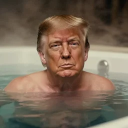 photographic portrait by Annie Leibovitz of Donald Trump in a hot tub, closeup, foggy, sepia, moody, dream-like, sigma 85mm f/1.4, 15mm, 35mm, 4k, high resolution, 4k, 8k, hd, full color