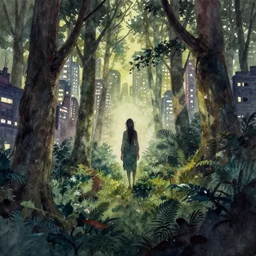 forest spirit lost in a metropolis. this watercolor painting by the award - winning comic artist has dramatic lighting, an interesting color scheme and great sense of depth.