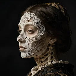a woman's face in profile, made of intricate lace skeleton, in the style of the dutch masters and gregory crewdson, dark and moody