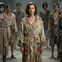 young lauren bacall as a young mad mother in a tattered bathrobe / rags : costume design concept for a scifi film. by greg rutkowski, john j. park, jason chan, noah bradley, feng zhu, gintas galvanauskas. sharp focus, cinematic atmosphere, detailed and intricate, perfect anatomy