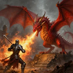 epic fantasy painting of ancient red dragon breathing fire towards knight, by daarken, by seb mckinnon, high detail, fantasy battle, by jeff miracola, intricate