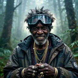 far shot of old black man wearing ski goggles, he has a mischievous angry grin and a tattered moncler jacket and a variety of golden necklaces, bracelets, and rings. his hair is wild and unkempt. cold color temperature, misty and dark rainforest, backlit