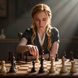 Katniss Everdeen sitting at a table, playing chess