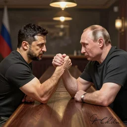 vladimir putin and volodymyr zelensky arm wrestling in a bar, realistic digital drawing