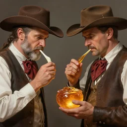 jan pawel 2 choosing between a creampie and oscypek with andrzej duda holding an amber ciupaga in wild west, smooth, subtle shadows, fine details, octane render, stunning, intricate, elegant, highly detailed, digital painting, artstation, smooth, sharp focus, raw