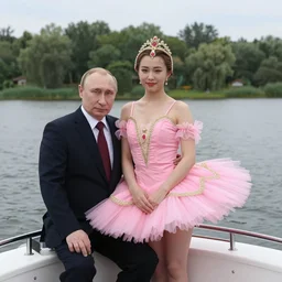 ( ( putin is old gregg, wearing a pink tutu ) ), on a boat on a lake