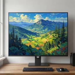 a painting of a stunning landscape, striking lighting, a computer on a table, the wall is a window, ilya kuvshinov, greg rutkowski, john singer sargent, anime, trending on artstation, intricate
