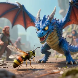 a ultrarealistic hyperrealistic matte painting 3 d render of a tiny wasp fighting the gigantic blue dragon, by beeple and dan mumford and lorddoomhammer and simon stalenhag : 7 high quality, 8 k, 8 k resolution, 4 k, 4 k hd, hdr, blurry, smooth, airbrushing, soft lighting, dynamic lighting, cinematic lighting, epic : 3