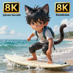 character portrait of emo boy with cat ears and tail surfing on the beach, by sylvain sarrailh, rossdraws, hyper detailed, ultra detailed, fantasy!!! artwork!!!, 8 k, studio light, trending on artstation, award winning, very beautiful.