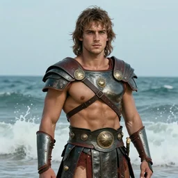 full body portrait of aaron taylor johnson as a gladiator. background splashing ocean. detailed face, concept art, intricate, highly detailed 8 k, smooth, sharp focus, handsome and aesthetic shape of face and body, artgerm, artstation, art by zexi guo and nira and junpei suzuki and gharliera and rinotuna
